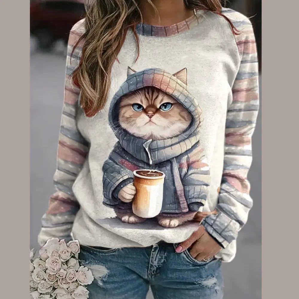 Pull d'Hiver avec Imprimé Chat pour Femmes